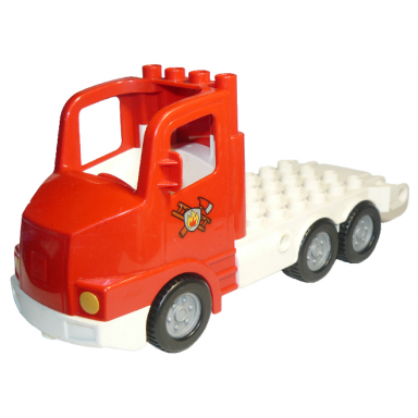 red duplo truck large cab with white 4 x 8 flatbed plate and fire logo pattern