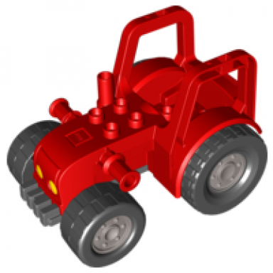 red duplo farm tractor with 2 x 2 studs on hood and yellow headlights pattern