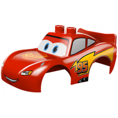 red duplo car body 2 top studs and spoiler with cars lightning mcqueen rust-eze pattern