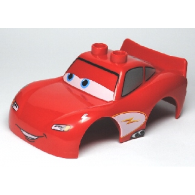 red duplo car body 2 top studs and spoiler with cars lightning mcqueen looking right pattern