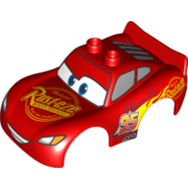 red duplo car body 2 top studs and spoiler with cars lightning mcqueen rust-eze and wide smile pattern