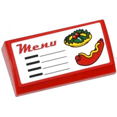 red slope curved 2 x 4 x 2 3 with bottom tubes with menu salad and hot dog pattern sticker - set 60050
