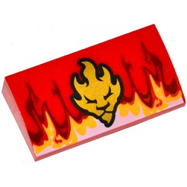 red slope curved 2 x 4 x 2 3 with bottom tubes with flames and gold lion head pattern