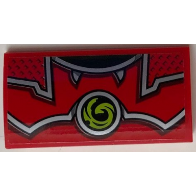 red slope curved 2 x 4 x 2 3 with bottom tubes with red and silver armor and lime swirl symbol pattern sticker - set 70669