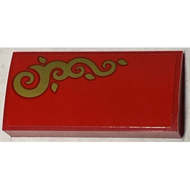 red slope curved 2 x 4 x 2 3 with bottom tubes with gold scrollwork on red background pattern model left side sticker - set 40499