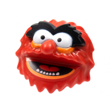 red minifigure head modified muppet animal with black eyebrows orange eyelids and lip pattern