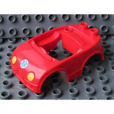 red duplo car body with 2 studs on back and yellow headlights and emt star of life pattern fits over car base 2 x 4
