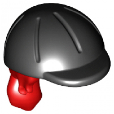 red mini doll hair combo hair with hat long ponytail side bangs hole in back with molded black horse riding helmet pattern