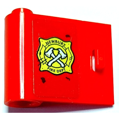 red door 1 x 3 x 2 left - open between top and bottom hinge with gold newbury fire dept badge and crossed silver axes pattern sticker - set 70436