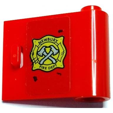 red door 1 x 3 x 2 right - open between top and bottom hinge with gold newbury fire dept badge and crossed silver axes pattern sticker - set 70436