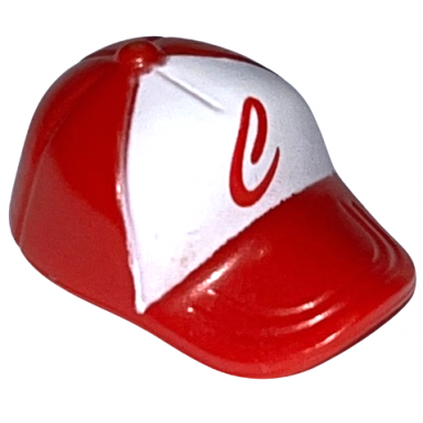 red minifigure headgear cap - short curved bill with seams and button on top with script capital letter c on white background pattern