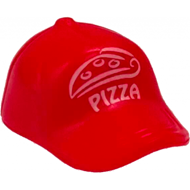 red minifigure headgear cap - short curved bill with seams and button on top with white pizza and pizza slice pattern