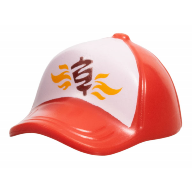 red minifigure headgear cap - short curved bill with seams and button on top with bright light orange flames and dark red kebab on white background pattern