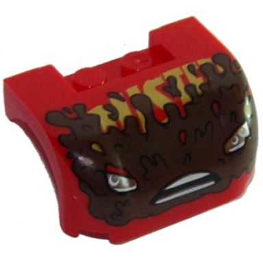 red vehicle mudguard 3 x 4 x 1 2 3 curved with front with headlights open mouth frown with teeth and mud splotches pattern