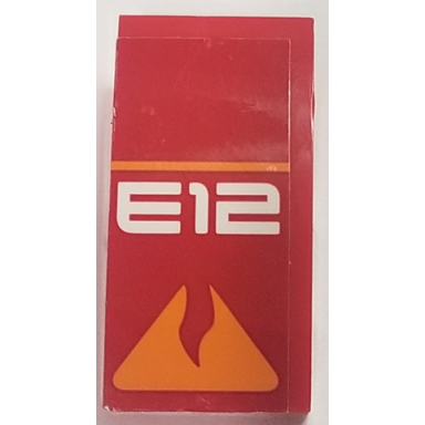 red slope curved 4 x 2 with orange line and broken triangle and white e12 pattern sticker - set 70615
