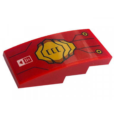 red slope curved 4 x 2 with gold armor and circles dark red lines and white rectangle with red arrow pattern sticker - set 71773