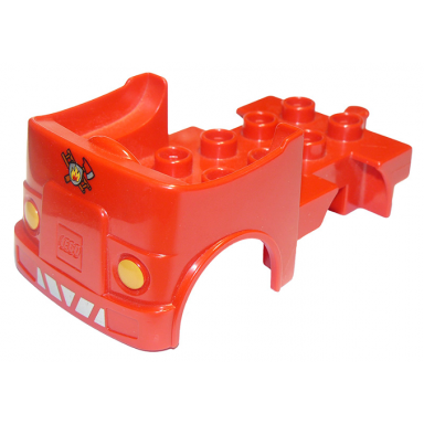 red duplo car body truck with reverse fire logo pattern and headlights on front fits over car base 2 x 4
