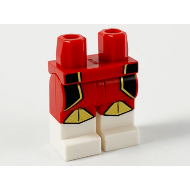 red hips and legs with white boots black side panels with gold trim and knee pads pattern
