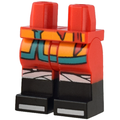 red hips and legs with molded black lower legs boots and printed bright light orange robe ends with dark turquoise trim white knee wrappings and shoe tips pattern