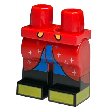 red hips and legs with molded black lower legs boots and printed red robe ends with silver sparkles blue shorts and yellow shoes pattern