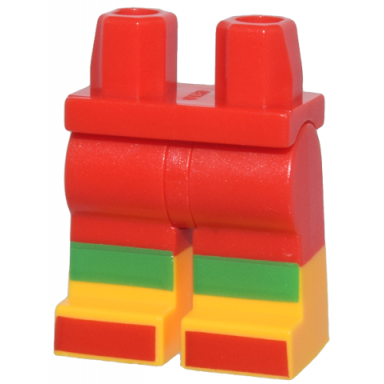 red hips and legs with molded bright light orange lower legs boots and printed bright green knee stripes and red toes pattern