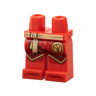 red hips and legs with bright light yellow sash ninjago logogram letter k in circle dark red robe ends with gold trim knee pads and toes pattern
