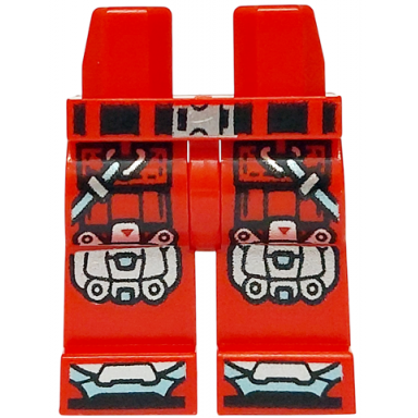 red hips and legs with black belt and pockets silver and metallic light blue buckle knee pads toes and harness pattern