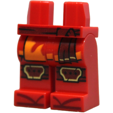 red hips and legs with dark red and gold sash robe ends with orange trim knee pads and zori sandals pattern