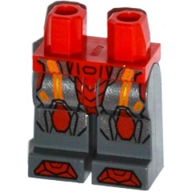 red hips and dark bluish gray legs with orange and gold circuitry red and silver armor and red knee pads and boots pattern