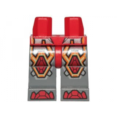 red hips and dark bluish gray legs with red armor and orange and yellow circuitry red hexagonal knee pads and red boots pattern