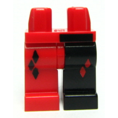 red hips and 1 black left leg 1 red right leg with diamonds red diamonds on middle black bar above left leg pattern