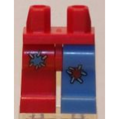 red hips and 1 medium blue left leg with red patch 1 red right leg with medium blue patch pattern