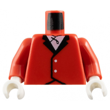 red torso riding jacket with buttons and black lapels over white shirt pattern red arms white hands