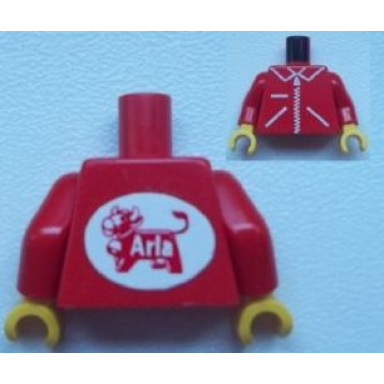 red torso zipper straight on jacket with arla dairy logo on back pattern sticker red arms yellow hands