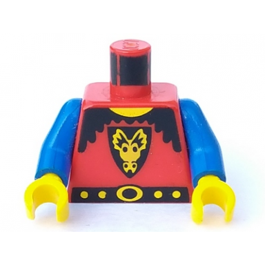 red torso castle dragon knights dragon face on shield pattern blue arms yellow hands