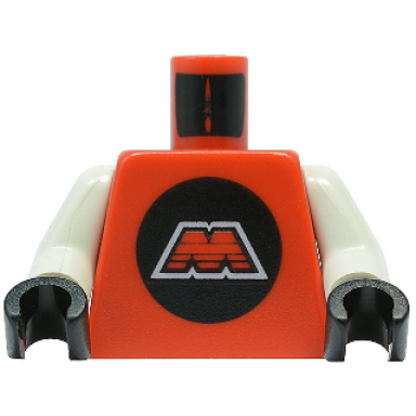 red torso space m:tron logo capital letter m with white border on black circle pattern white arms black hands