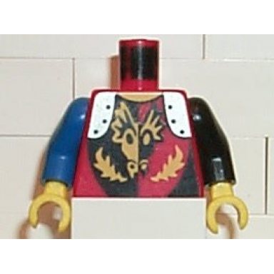 red torso castle dragon knights dragon face breathing fire pattern black arm left blue arm right yellow hands