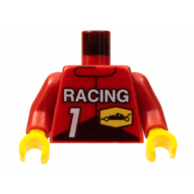 red torso race driver with white racing number 1 and black race car on yellow hexagon pattern red arms yellow hands