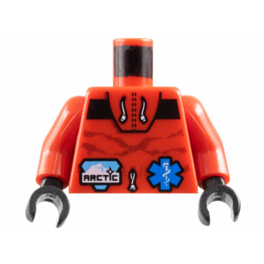 red torso coat with black stripe white cords small arctic logo and blue emt star of life pattern red arms black hands