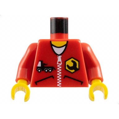 red torso jacket with pockets zipper truck and wrench logo over white shirt yellow neck pattern red arms yellow hands