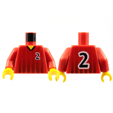red torso soccer black fading stripes and number 2 front and back pattern red arms yellow hands
