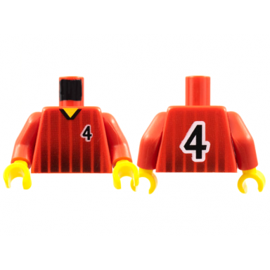 red torso soccer black fading stripes and number 4 front and back pattern red arms yellow hands
