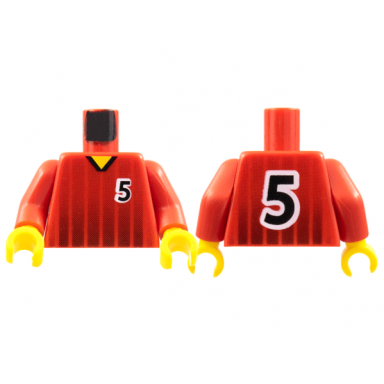 red torso soccer black fading stripes and number 5 front and back pattern red arms yellow hands