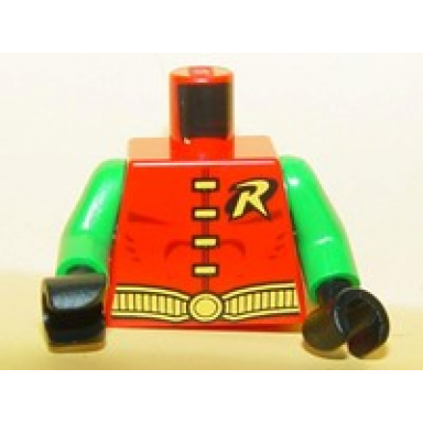 red torso batman r symbol 4 yellow clasps and belt pattern green arms black hands