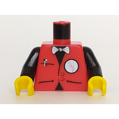 red torso infomaniac with bow tie and reverse-italicized i logo pattern black arms yellow hands