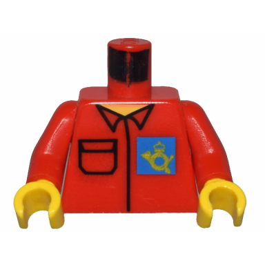 red torso post office worker shirt and horn logo on blue background pattern red arms yellow hands
