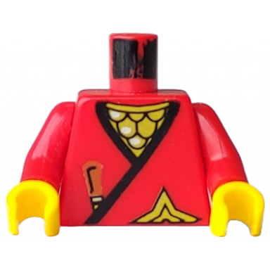red torso castle ninja wrap with black hem over gold scale mail brown dagger handle shuriken throwing star pattern red arms yellow hands