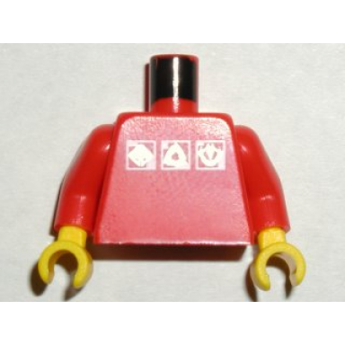 red torso gravity games with 3 white silver logos pattern red arms yellow hands