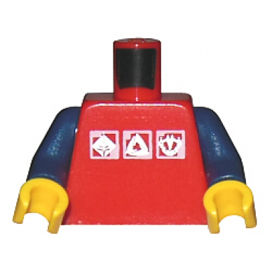red torso gravity games with 3 white silver logos pattern dark blue arms yellow hands