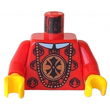 red torso adventurers orient chinese emperor ornamental robe with gold medallion and white collar long necklace with beads pattern red arms yellow hands